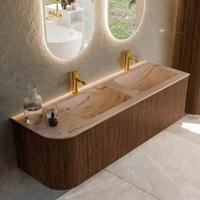 Badmeubel Mondiaz Kurve-Dlux | 145 cm | Meubelkleur Walnut | Wastafelkleur Arena | Solid surface | Dubbel / Rechts spoelbak | 2 kraangaten