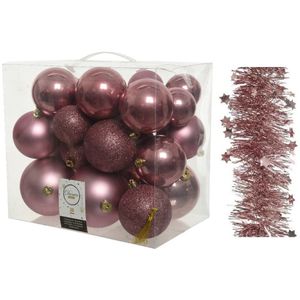 Kerstversiering kunststof kerstballen 6-8-10 cm met sterren slingers pakket oud roze van 28x stuks