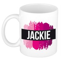 Jackie  naam / voornaam kado beker / mok roze verfstrepen - Gepersonaliseerde mok met naam   -