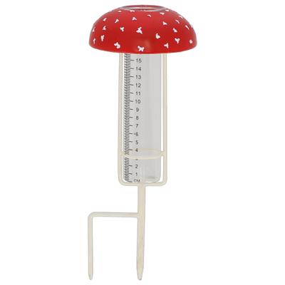 World of Weather Regenmeter - vliegenzwam - rood - glas - met grondpin - 34 cm