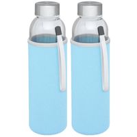 2x stuks glazen waterfles/drinkfles met lichtblauwe softshell bescherm hoes 500 ml - thumbnail