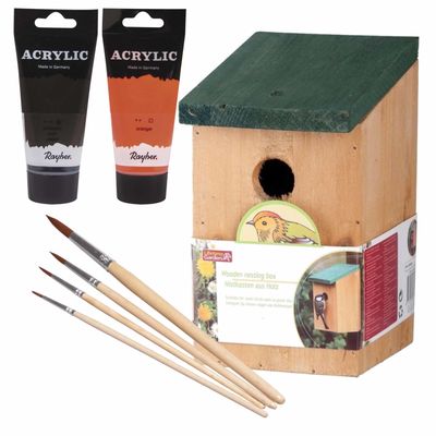 Houten vogelhuisje/nestkastje 22 cm - zwart/oranje Dhz schilderen pakket