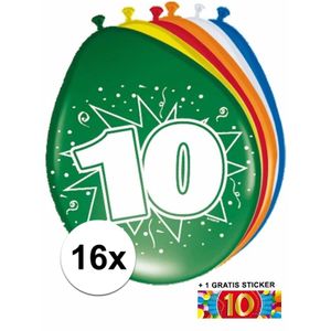 Ballonnen 10 jaar van 30 cm 16 stuks + gratis sticker