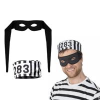 Carnaval verkleed Boeven muts en oogmasker - 2x stuks - zwart/wit - volwassenen - Gevangenen - boef Carnaval verkleed Boeven muts en oogmasker - 2x stuks - zwart/wit - volwassenen - Gevangenen - boef