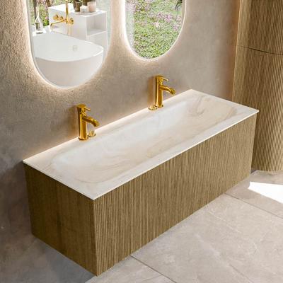 Badmeubel Mondiaz Kurve-Dlux | 120 cm cm | Meubelkleur Dusk | Wastafelkleur Ostra | Solid surface | Wasbak midden spoelbak | 2 kraangaten