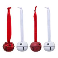 Kerstbelletjes hangers - 4x st - wit/rood - D4 cm - metaal - kerstversiering