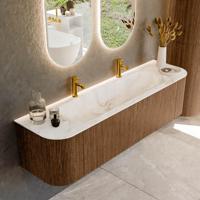 Mondiaz KURVE-DLUX 170 cm Onderkast Greeploos 1 Lade Met Deuren Walnut, Wastafel Solid Surface Midden Frappe 2 Kraangaten Zonder Spiegel (KRVBGL170L+R1L2D2KM-Wal/Fra)
