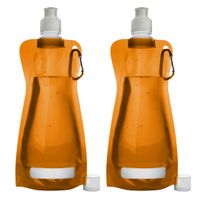 Waterfles/drinkfles opvouwbaar - 2x - oranje - kunststof - 420 ml - schroefdop - karabijnhaak - thumbnail