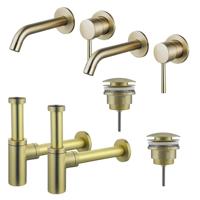 Fortifura Calvi Wastafelkraanset - voor dubbele wastafel - inbouw wastafelkraan - klikwaste plug - design sifon - Geborsteld Messing PVD (Goud) 2x SW720228/2x SW696202/2x SW696213