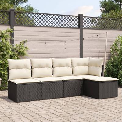 5-delige Loungeset met kussens poly rattan zwart