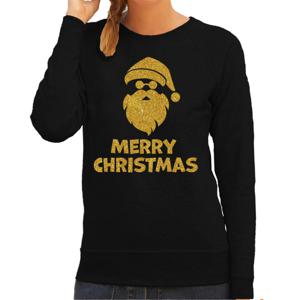 Foute kersttrui/sweater voor dames - Merry Christmas - zwart - glitter goud - Kerstman