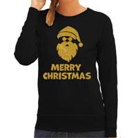 Foute kersttrui/sweater voor dames - Merry Christmas - zwart - glitter goud - Kerstman - thumbnail