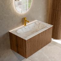 Badmeubel Mondiaz Kurve-Dlux | 80 cm | Meubelkleur Walnut | Wastafelkleur Glace | Solid surface | Midden spoelbak | 1 kraangat