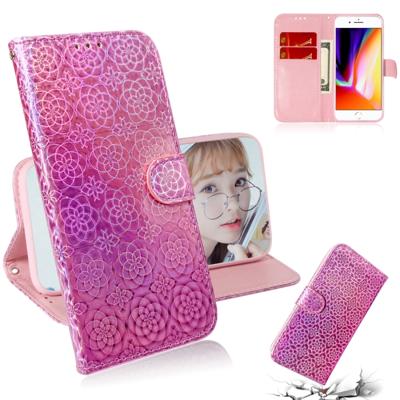 iPhone 7 & 8 Kleurrijk abstract bloemen patroon PU leren Flip Hoesje met houder, magnetische sluiting, draagriem en opbergruimte voor pinpassen & geld