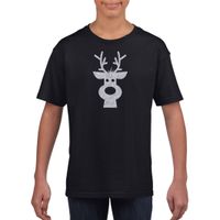 Rendier hoofd Kerst t-shirt zwart voor kinderen met zilveren glitter bedrukking