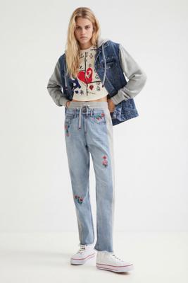 Denim joggingbroek met bloemen - BLUE - XS