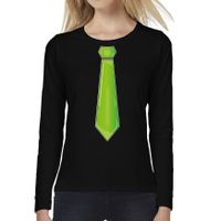 Verkleed shirt voor dames - stropdas groen - zwart - carnaval - foute party - longsleeve - thumbnail