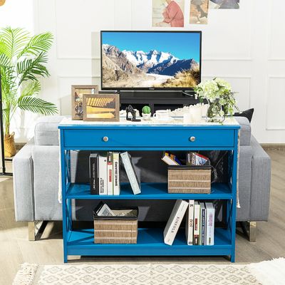 Consoletafel met 3 Niveaus / Lade en 2 Planken van Hout Bijzettafel met X-Vormige Poten voor Entree 100 x 30 x 80 cm (Blauw)