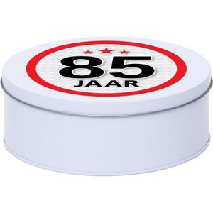 Wit bewaarblik/opbergblik 18 cm met 85 jaar sticker   -