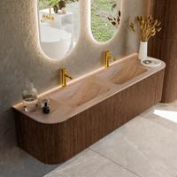 Badmeubel Mondiaz Kurve-Dlux | 170 cm | Meubelkleur Walnut | Wastafelkleur Saba | Solid surface | Wasbak beide zijden spoelbak | 2 kraangaten