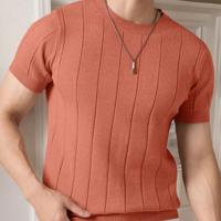 Bon&Bon Homme Men's Navy Blue Rib-Knit Short Sleeve Crew Neck Top Redwood / M