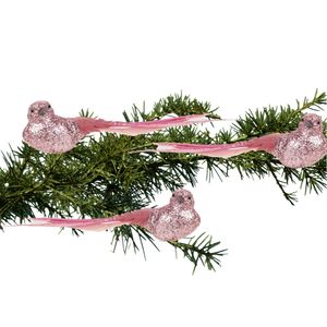 3x stuks kunststof decoratie vogels op clip roze glitter 21 cm