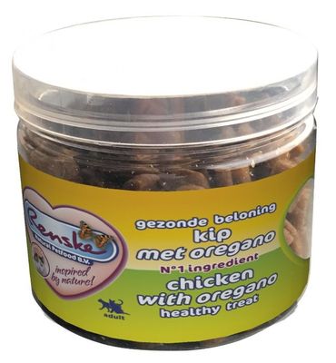 Renske gezonde beloning mini hartjes kip/oregano kattensnack 100gr (LET OP: THT 12-4-2025)