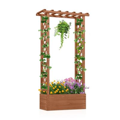 Verhoogde Tuin met Latwerk Houten Plantenbak met Hangend Dak Afwateringsgaten voor Klimplanten Bloemen Groenten-Bruin