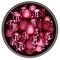 Bellatio Decorations kerstballen - 37x st - fuchsia roze - 6 cm - kunststof - kerstversiering - thumbnail