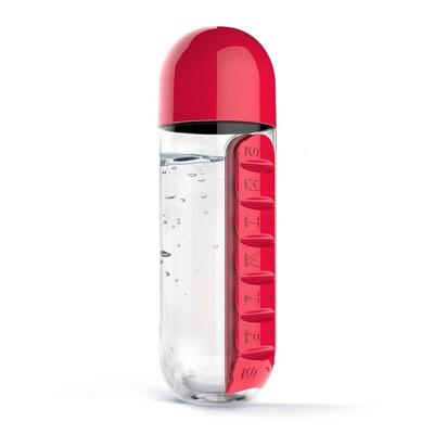 600ML plastic water fles met dagelijkse pil vak organisator Drinkflessen (rood)