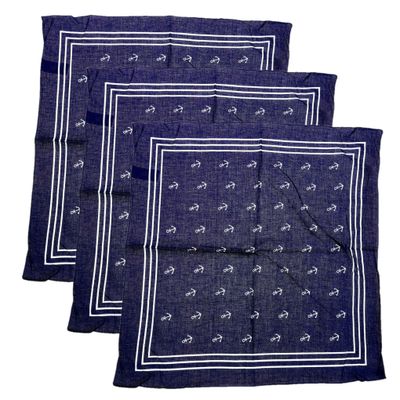 Matroos/kapitein/piraten zakdoek - 3x - blauw - met ankers patroon - 55 x 55 cm