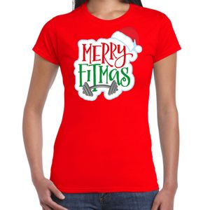 Merry fitmas Kerstshirt / outfit rood voor dames