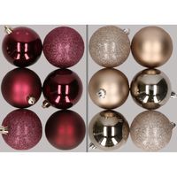 12x stuks kunststof kerstballen mix van aubergine en champagne 8 cm   -