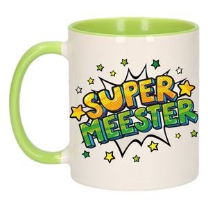 Super meester bedank mok / beker wit en groen met sterren 300 ml - feest mokken