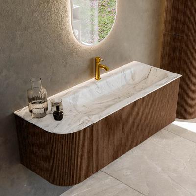 Badmeubel Mondiaz Kurve-Dlux | 125 cm | Meubelkleur Walnut | Wastafelkleur Glace | Solid surface | Rechts spoelbak | 1 kraangat