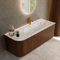 Badmeubel Mondiaz Kurve-Dlux | 125 cm | Meubelkleur Walnut | Wastafelkleur Glace | Solid surface | Rechts spoelbak | 1 kraangat