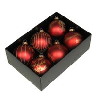Luxe gedecoreerde kerstballen - 6x stuks - rood - glas - 8 cm - thumbnail