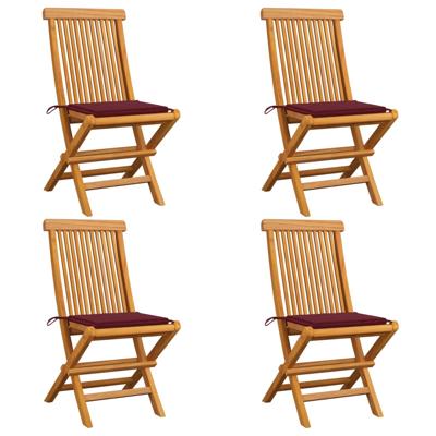 Tuinstoelen 4 st met wijnrode kussens massief teakhout