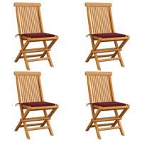 Tuinstoelen 4 st met wijnrode kussens massief teakhout