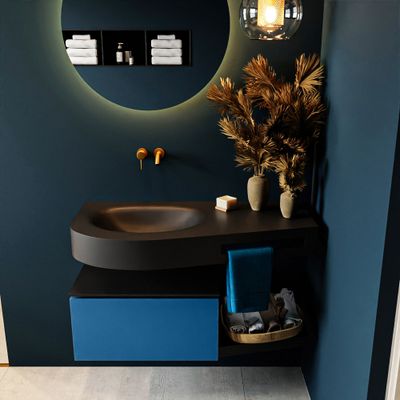 MONDIAZ RIVA 100cm badmeubel onderkast / planchet kleur Jeans met 1 lade. Wastafel DULCET links 0 kraangaten kleur Urban.