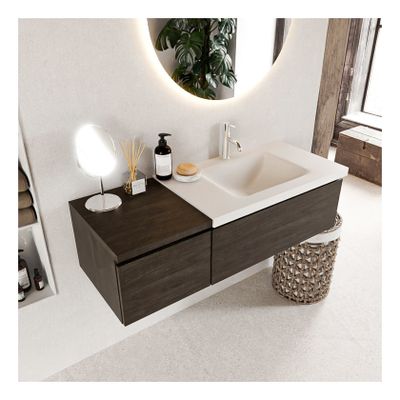 Mondiaz Bukla 120cm badmeubel met module 40 dark brown 2 lades met wastafel rechts 1 kraangat kleur talc