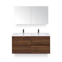 Porto Badmeubelset 120 cm - 4 laden Walnoot - Keramische Wastafel Wit Slim - met Spiegelkast