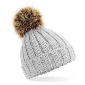 Grof gebreide wintermuts grijs met bruine pompon voor dames