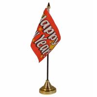 Gelukkig Nieuwjaar tafelvlaggetje - 10 x 15 cm - met standaard - H27 cm - versiering