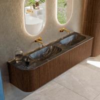 Badmeubel Mondiaz Kurve-Dlux | 175 cm | Meubelkleur Walnut | Wastafelkleur Lava | Solid surface | Dubbele spoelbak | Zonder kraangat(en)