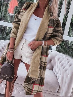 Thebe Ribbed Splicing Plaid Open Front Coat