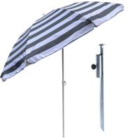 Strand / tuin / camping parasol - met metalen grondharing - grijs/wit - D180 cm - verstelbaar