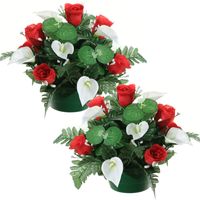 Kunstbloemen plantje in pot - 2x - wit/rood - 26 cm - Bloemstuk ornament - met bladgroen