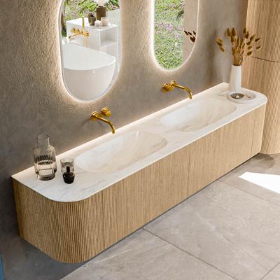 Mondiaz KURVE-DLUX 200 cm Onderkast Greeploos 2 Lades Met Deuren Oak, Wastafel Solid Surface Dubbel Ostra 0 Kraangaten Zonder Spiegel (KRVSTS200L+R2L2D0KD-Oak/Ost)
