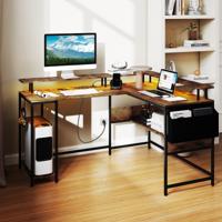 L-vormige Tafel met LED-Verlichting en Stopcontacten Computerbureau met Monitorstandaard Hoektafel met Metalen Frame Bruin
